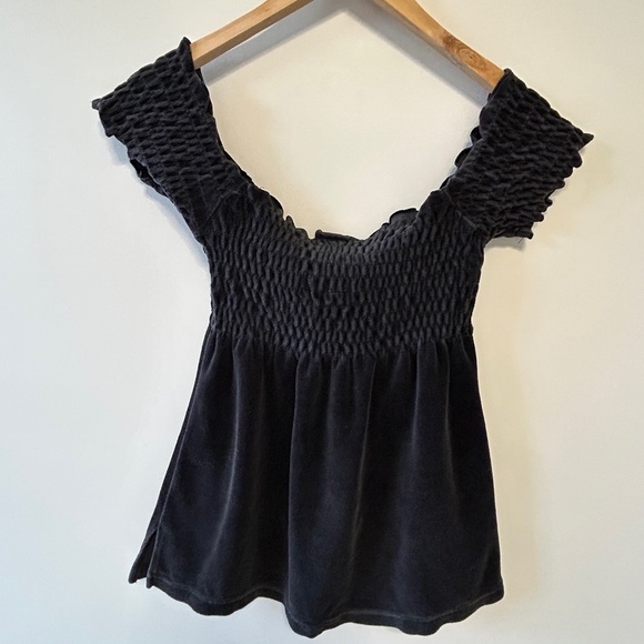 Y2K Black Off The Shoulder Smocked Size Medium Top Velvety Terry Cloth Ruching - Picture 1 of 10